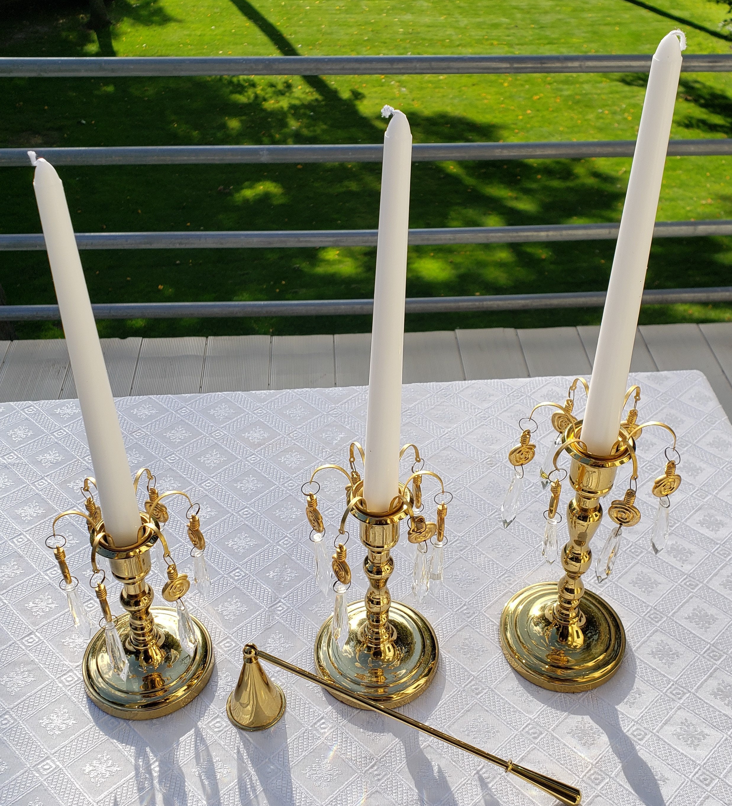 Set of 3 Gold Candlesticks and Candleabra Chandelier Tarnish Etsy