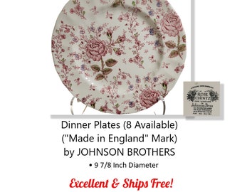 8 Dinner Plates * Chintz Rose by Johnson Brothers Made in England * Original Black Stamp * Excellent * Ships Free * Very Hard to Find