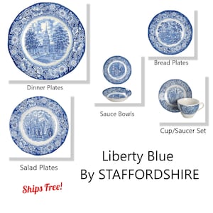 Liberty Blue STAFFORDSHIRE Vintage Dinnerware - Dinner Plates, Salad & Bread Plates, Cup Saucer Sets, Sauce Bowls, Saucers EX - Ships Free!