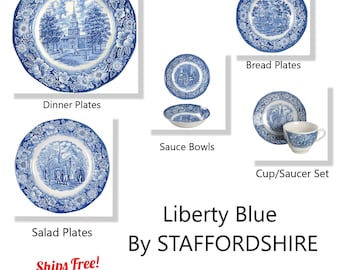 Liberty Blue STAFFORDSHIRE Vintage Dinnerware - Dinner Plates, Salad & Bread Plates, Cup Saucer Sets, Sauce Bowls, Saucers EX - Ships Free!