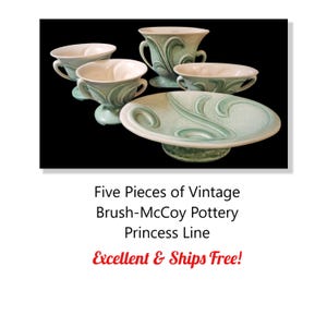 May include: Five pieces of vintage green and white Brush-McCoy pottery in the Princess line. The set includes a large bowl, three small bowls, and a vase.
