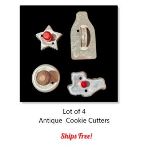 Antieke tinnen koekjesvorm – Silhouet van een jongen met hoed (eind 19e-begin 20e eeuw) plus 3 andere vintage vormen met houten knoppen * Gratis verzending