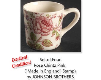 Set of Four Chintz Rose Johnson Brothers Mugs * No Design Inside * Made in England Stamp * Excellent * Ships Free