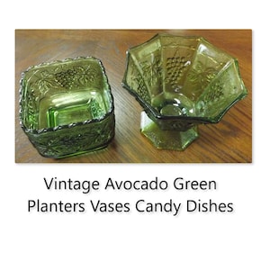 Two Vintage Avocado Green Planters Vases Candy Dish Compote Grape Panel EXCELLENT