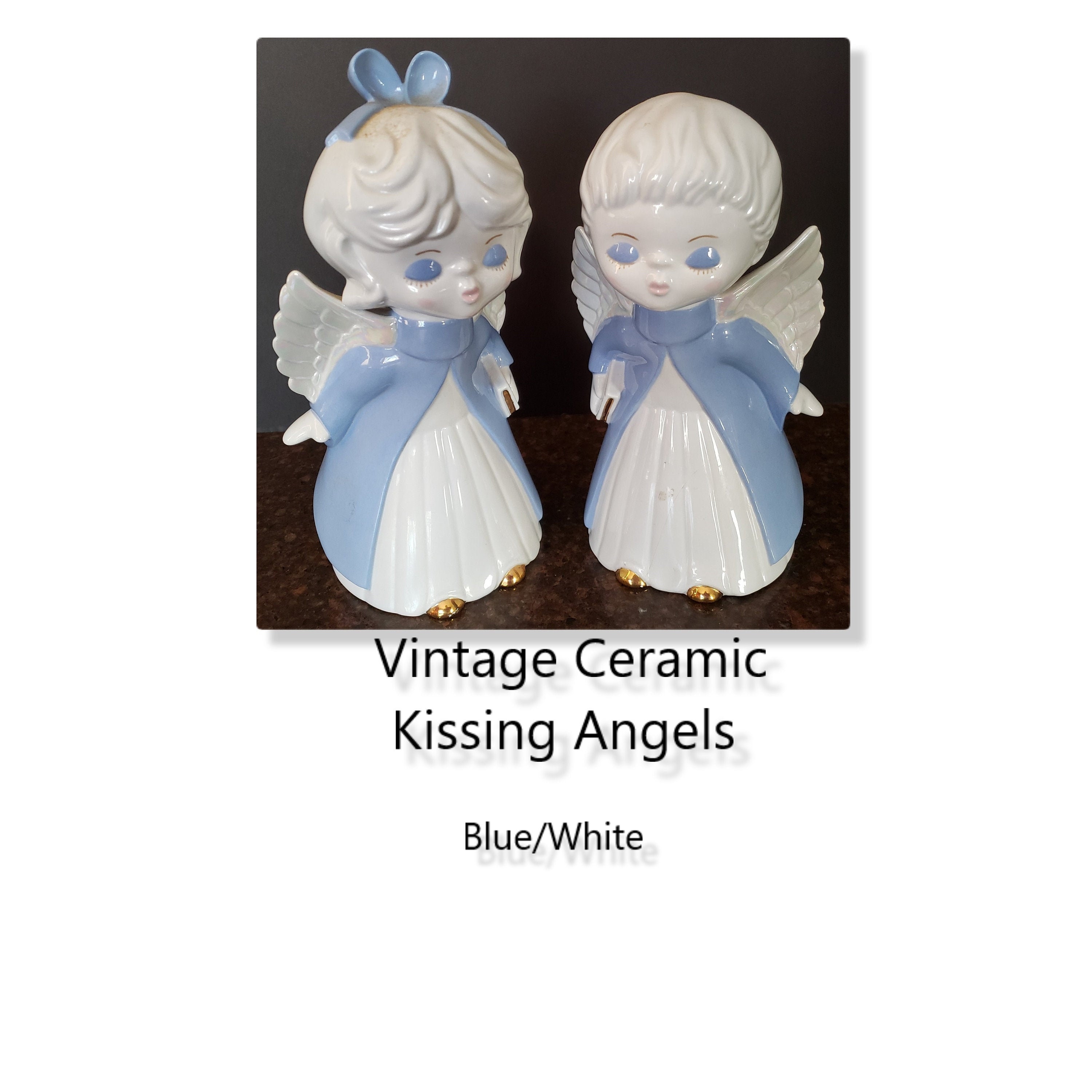 Pair of Vintage Ceramic Kissing Angels Figurines White & Blue Etsy