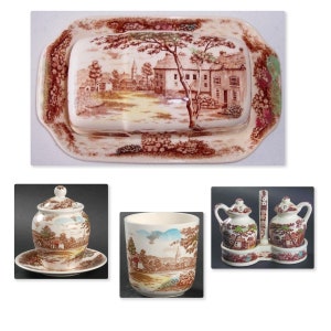 May include: A set of vintage brown and white ceramic kitchenware featuring a cottage scene. The set includes a butter dish, a sugar bowl with lid, a creamer, and a salt and pepper shaker set.
