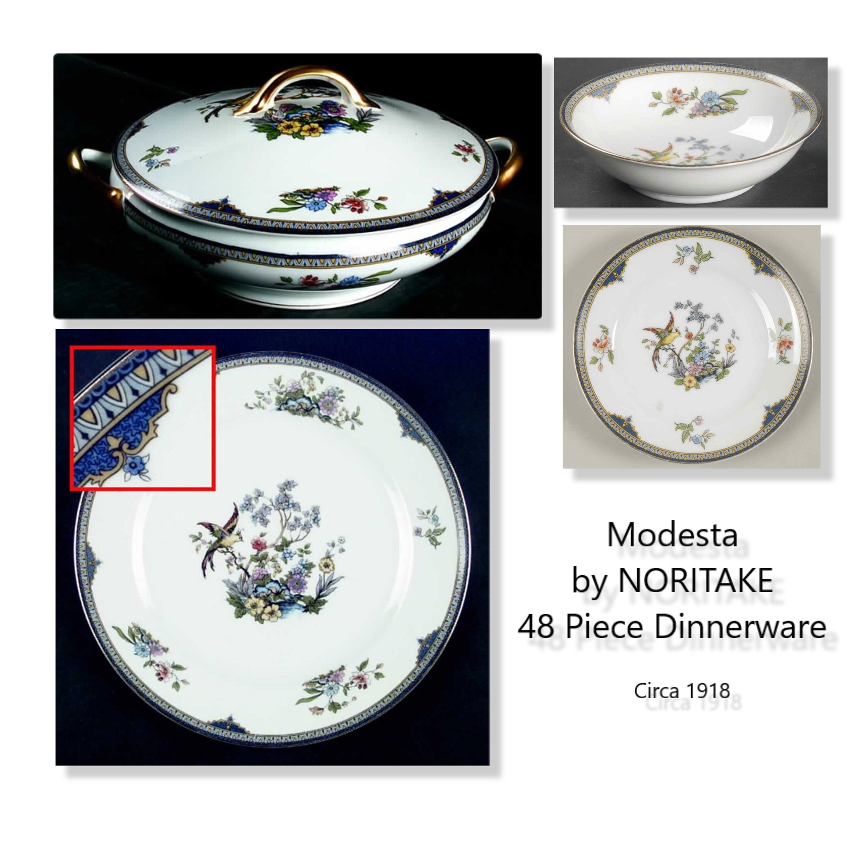 48 Pcs Modesta by Noritake Morimura • Vintage 1918 Birds Flowers