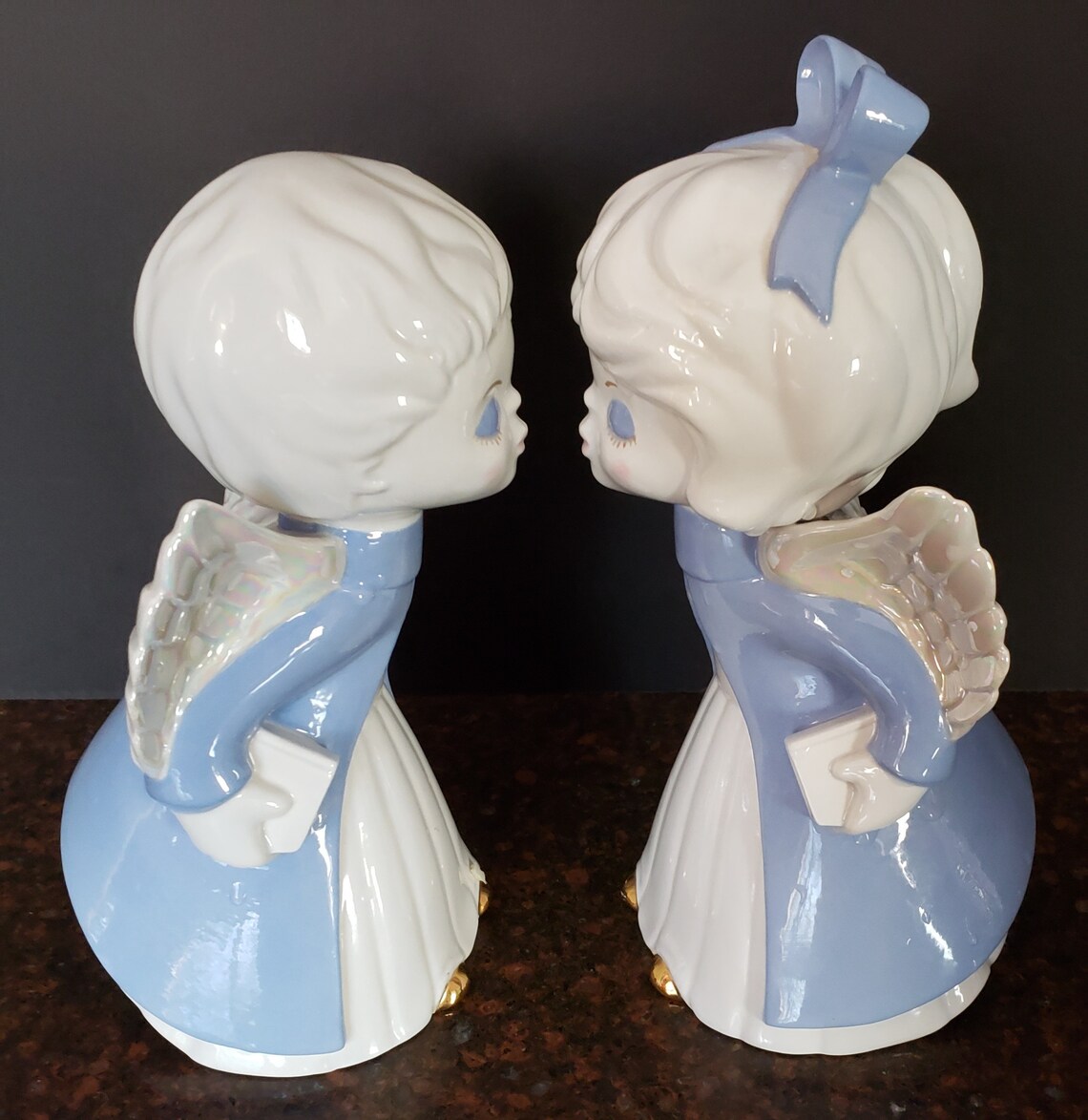 Pair of Vintage Ceramic Kissing Angels Figurines White & Blue Etsy