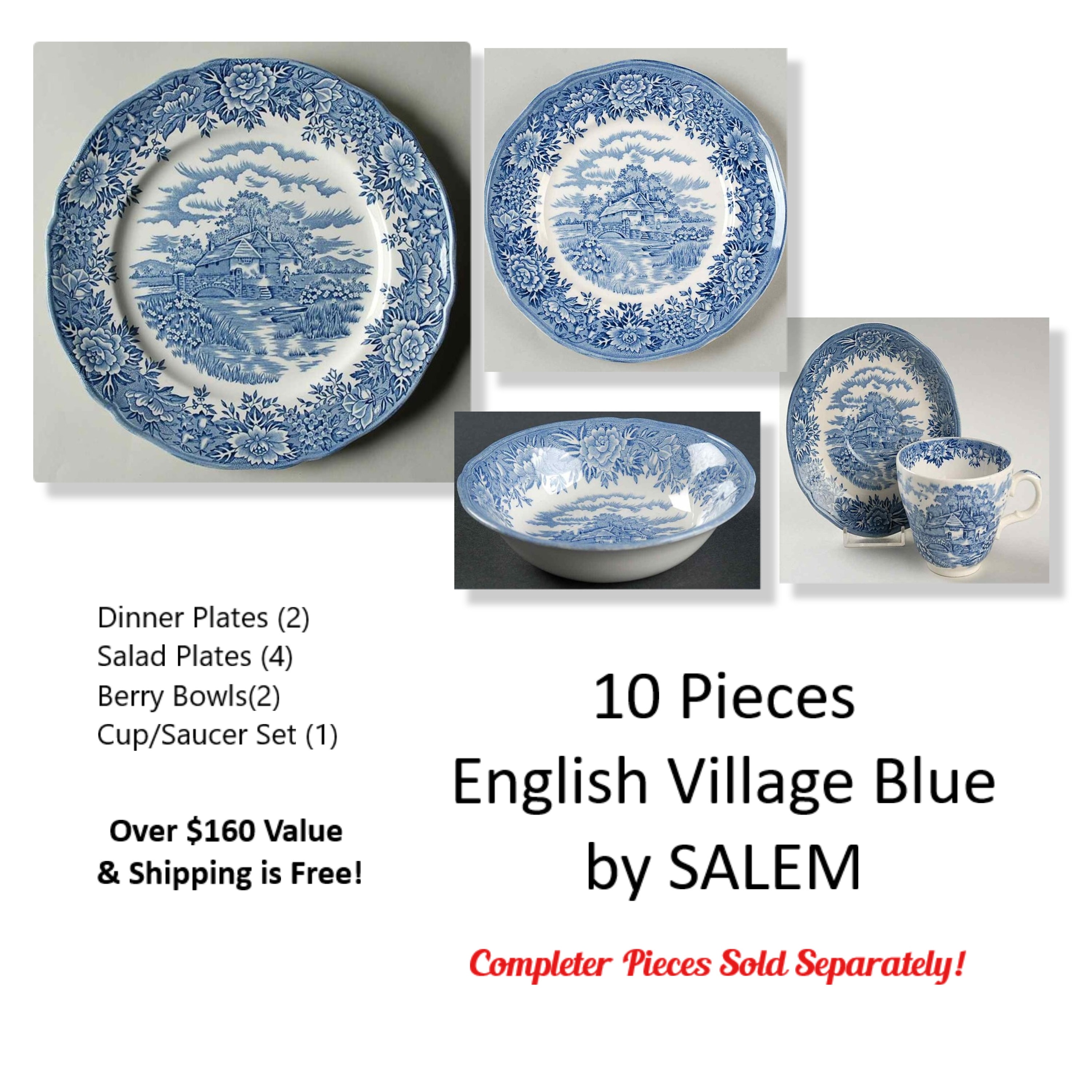10  Pcs. English Village Blue by Salem * Dinner * Salad * Cup Saucer Set * Berry * Bowls * Ships FREE * 160 Dollar Value