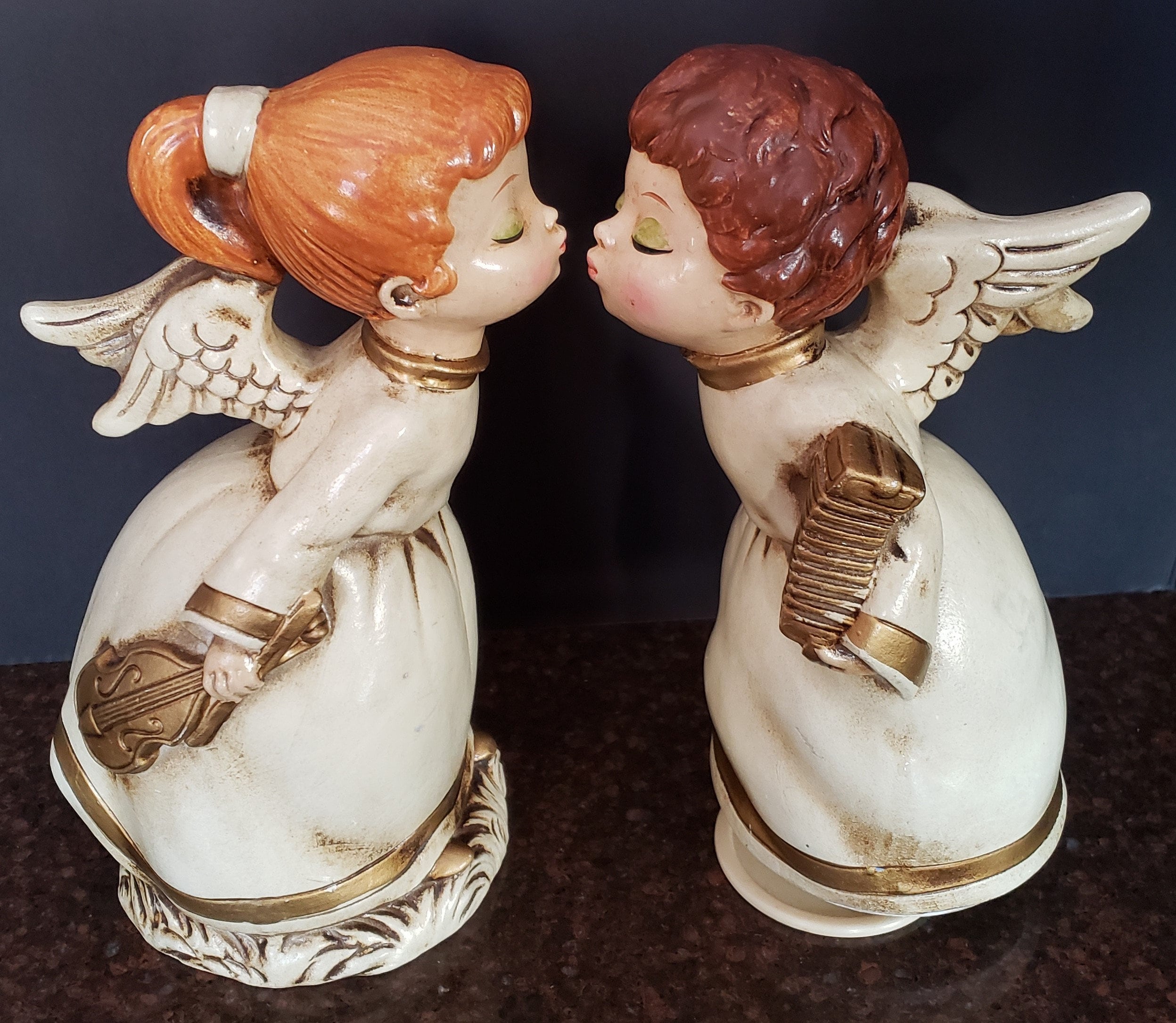 Pair of Vintage Ceramic Kissing Angels Figurines White & Blue Etsy