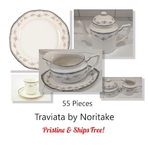 May include: A collection of 55-piece Traviata by Noritake china. The set includes a teapot, serving dishes, a cup and saucer, and plates. Each piece features a white background with a floral pattern and a gray border.