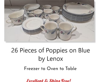 Vajilla Lenox vintage con diseño de amapolas sobre fondo azul - ¡Excelente estado! - 26 piezas - Platos llanos * Cuencos * Tazas y platillos * Salsera * Envío GRATIS *