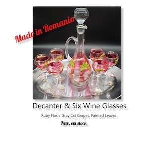 Vintage Ruby Flash Green Painted Leaf Gray Etched Pattern Decanter  & Six Glasses  - EXCELLENT- Romania -