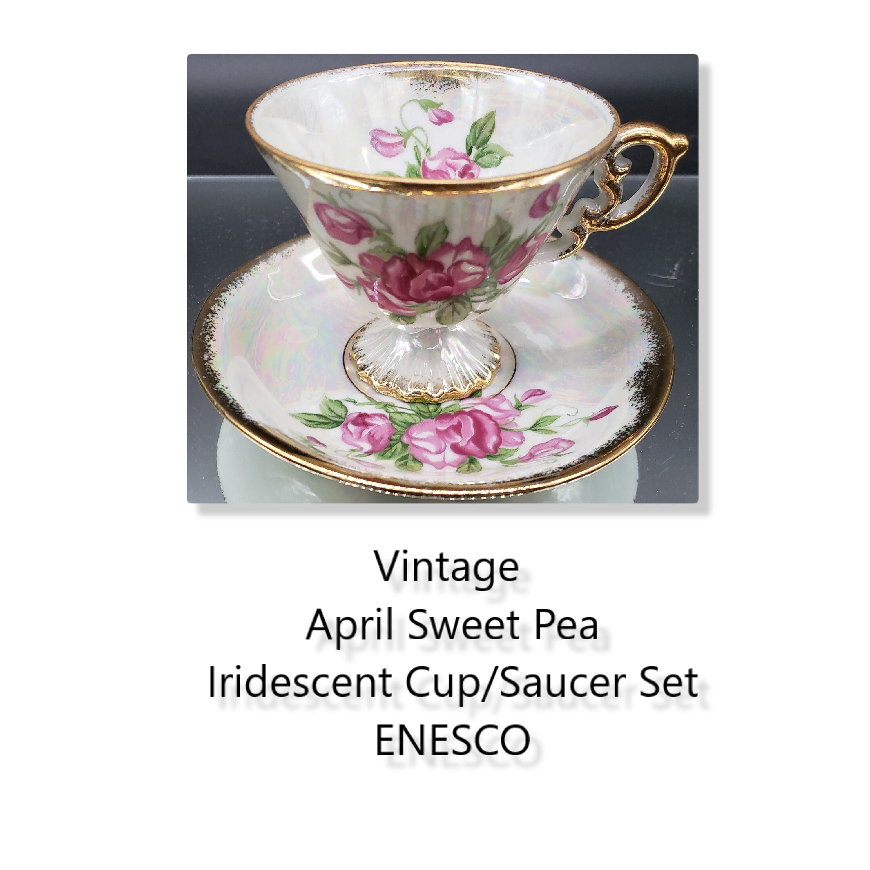 Vintage April Sweet Pea Cup & Saucer Set Enesco - Excellent