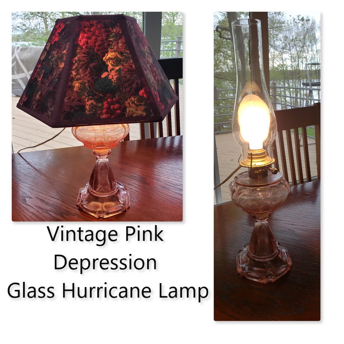 Vintage Pink Depression Glass Hurricane Lamp W. Shade 1980 Etsy