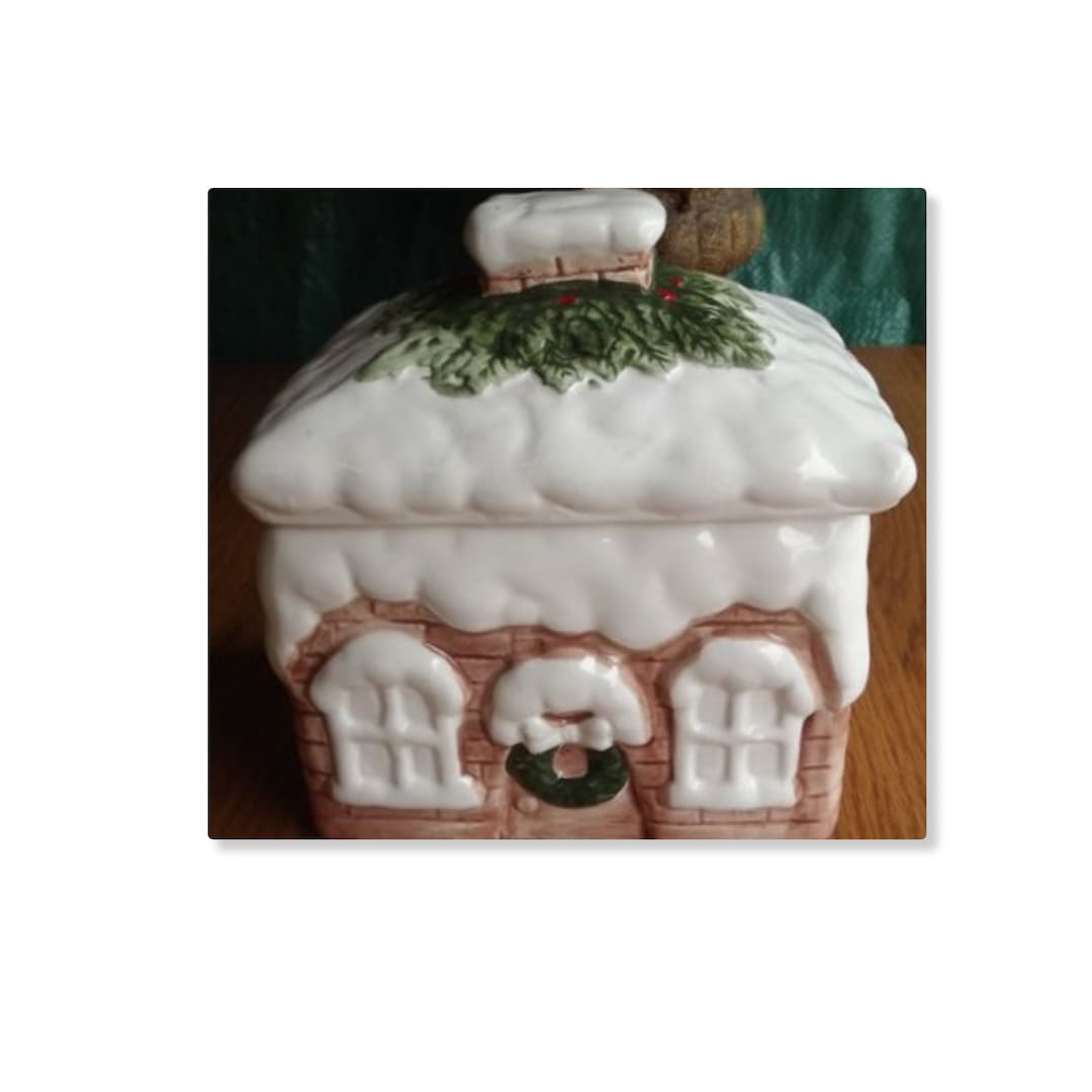 Vintage House With Christmas Wreath Cookie Jar - Etsy