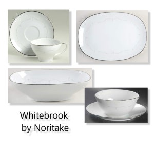 Elegant Whitebrook Dinnerware by Noritake 19 Pieces EXCELLENT  White Flowers, Gray Scroll, Coupe, Platinum