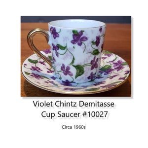 Violet Chintz Demitasse Cup Saucer #10027, c1960  Gold Gilded Porcelain, Original Japan Foil Label - Excellent!