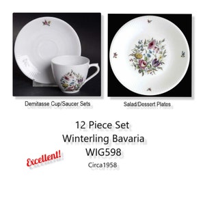 May include: A 12-piece set of Winterling Bavaria china in the WIG598 pattern, circa 1958. The set includes demitasse cups and saucers, and salad/dessert plates. The plates feature a floral design with pink, yellow, blue, and purple flowers.