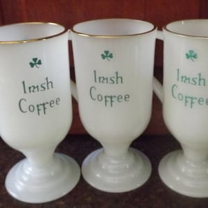 Vintage Lot of 3 Pedestal Mugs Milk Glass Footed Irish Coffee Cups Retro - St. Patrick&#39;s Day Gift