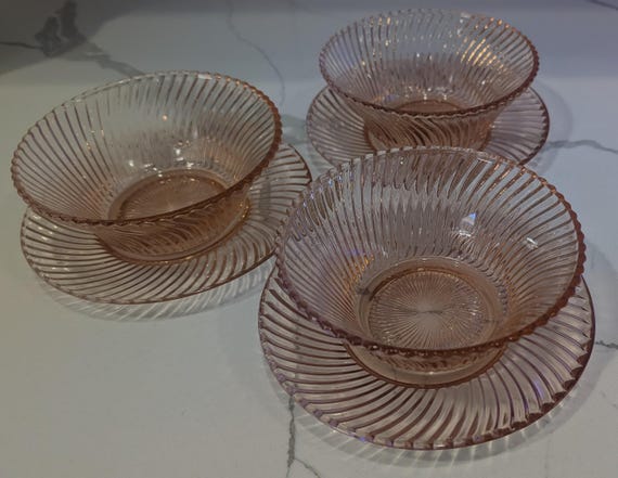 6‑Piece Diana Pink Set – 3 Cereal Bowls + 3 Bread & Butter Plates – Federal Glass – Excellent Condition -  FREE shipping.
