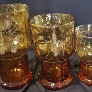 Three (3) Vintage Country Garden Amber by Libbey - Juice - Water - Cooler - Excellent - Embossed Flower and Leaves