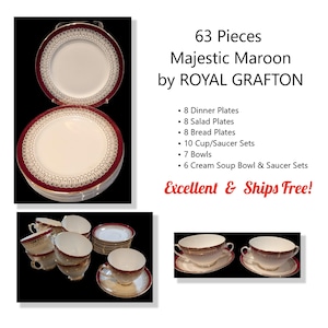 May include: A 63-piece Majestic Maroon dinnerware set by Royal Grafton. The set includes dinner plates, salad plates, bread plates, cup/saucer sets, bowls, and cream soup bowl & saucer sets. The plates and cups have a white center with a maroon and gold border.