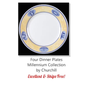 May include: Four white dinner plates from the Millennium Collection by Churchill. Each plate has a yellow border with blue accents and illustrations. The plates have a white center and a blue and yellow patterned rim.