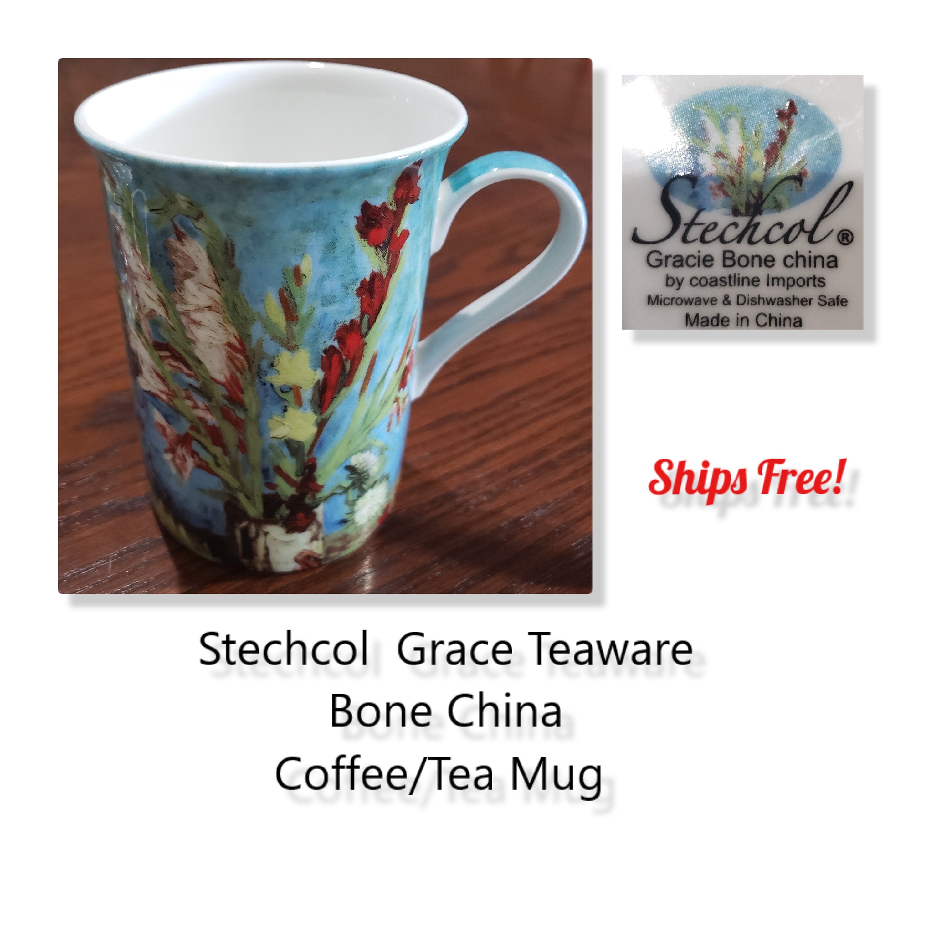 thumbnail image 2 of Yaparhill 14oz Bone China Coffee Mug - Blue Floral Design Teacup For Women 2 of 10