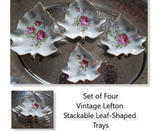 Set of Four Vintage Lefton Stackable Ash Trays  - Leaf Shaped w. Rose Flowers