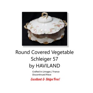 Round Covered Vegetable Schleiger 57 by HAVILAND - Excellent Condition - Ships FREE! - Pink Roses * Blue Scrolls