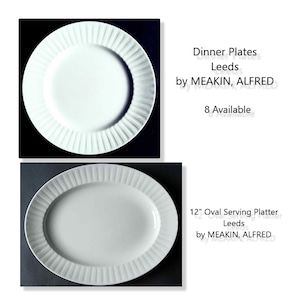 Leeds by Alfred Meakin - Dinner Plates ( 8 available)  - 12 Inch Oval Platter - EXCELLENT - All White, Ribbed Rim, Smooth -Hard to Find!