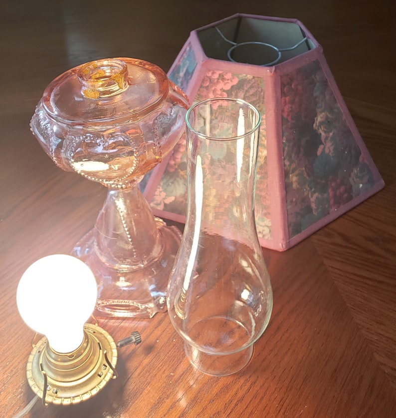 Vintage Pink Depression Glass Hurricane Lamp W. Shade 1980 Etsy