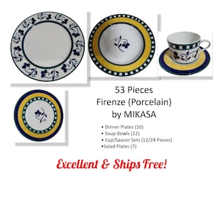 Puede incluir: Un juego de vajilla de porcelana de 53 piezas con un patrón floral con acentos azules, amarillos y verdes. El juego incluye platos para cenar, tazones para sopa, platos para ensalada y tazas y platillos. El juego es de Mikasa y se llama Firenze.