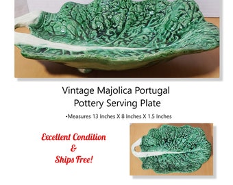 Green Leaf Serving Plate  * Made in Portugal *  Majolica  * 13 Inch  by 8 Inch  *  Excellent Condition * Ships FREE!