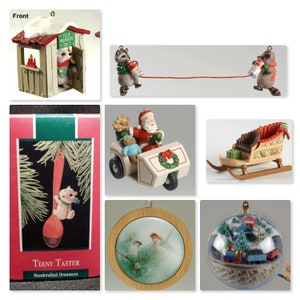 May include: A collection of nine Christmas ornaments featuring a variety of themes, including a raccoon pulling a can of food, Santa Claus driving a golf cart, a bird in a wooden frame, and a miniature train inside a glass sphere.