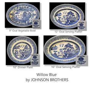 Willow Blue Pattern * Johnson Brothers - 9 Inch Vegetable Bowl - 12 Inch Platter - 16 Inch Platter  - 10 Inch Dinner Plate-   SHIPS Free -