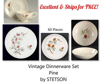 Vintage Stetson Pine Set - 58 Pcs - EXCELLENT - Dinner Plates - Bread Plates - Fruit Bowls - Cup/Saucer -SHIPS Free -Pine Cones Off Center