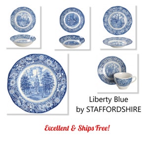Liberty Blue by STAFFORDSHIRE Vintage Dinnerware - Dinner Plates, Cup Saucer Sets, Rimmed, Sauce & Coupe Bowls, Saucers - EX - Ships Free!
