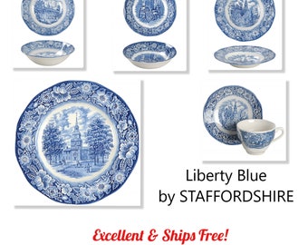 Liberty Blue by STAFFORDSHIRE Vintage Dinnerware - Dinner Plates, Cup Saucer Sets, Rimmed, Sauce & Coupe Bowls, Saucers - EX - Ships Free!