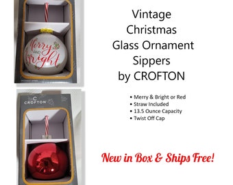 Lot Of 2 Crofton Ornament Sipper Merry Christmas Drinking Sipper Cup Glass  Straw