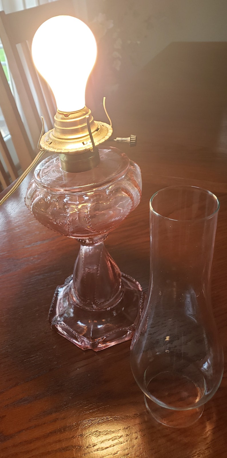 Vintage Pink Depression Glass Hurricane Lamp w. Shade 1980 Etsy