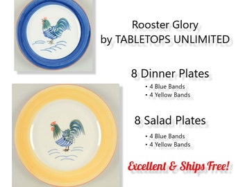 Rooster Glory by TABLETOPS UNLIMITED * Dinner Plates * Salad Plates * Free Shipping * 190 Value *  EX Condition * Blue * Yellow * Band