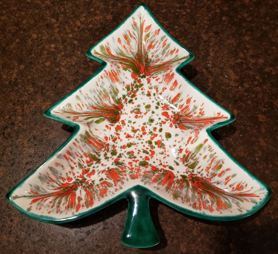 70's Vtg Orange Green Splatter Ceramic Christmas Tree Relish Cookie Candy Dish 