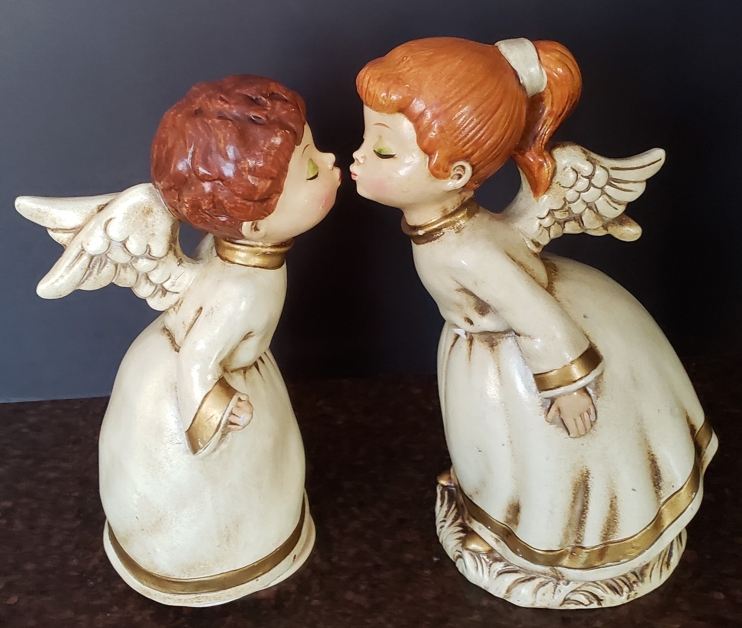Pair of Vintage Ceramic Kissing Angels Figurines White & Blue Etsy