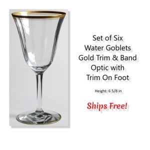 Six Vintage Stmmed Golets - Optic Glass Goblets with Gold Band on Rim & Foot  Company   - Blown Glass - Ships FREE