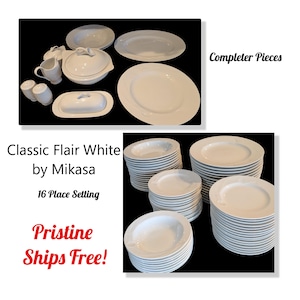 May include: A complete 16-piece Classic Flair White dinnerware set by Mikasa. The set includes dinner plates, salad plates, bowls, and a serving dish. The text "Completer Pieces" is visible in the image.
