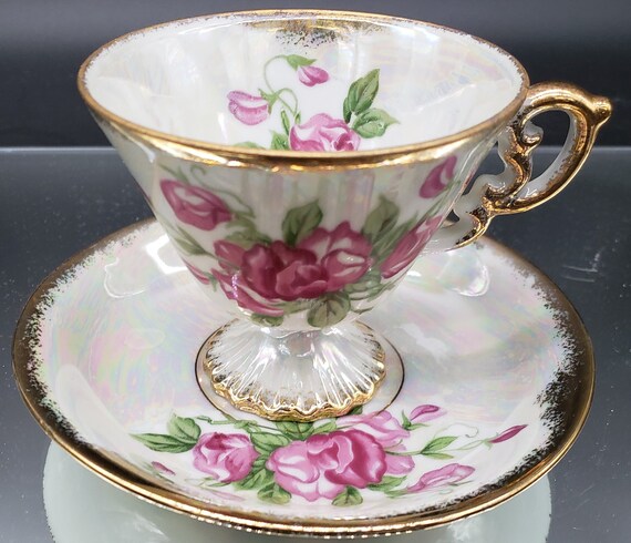 Vintage April Sweet Pea Cup & Saucer Set Enesco - Excellent