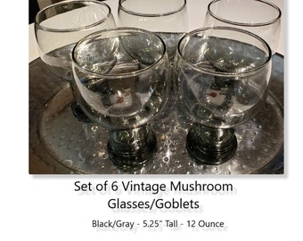 6 Vintage  Mushroom Shaped Black Gray Water Goblets Tumblers EXCELLENT
