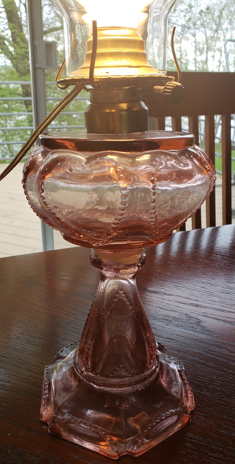 Vintage Pink Depression Glass Hurricane Lamp W. Shade 1980 Etsy